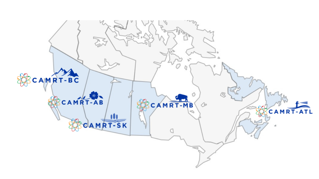 map of Canada that shows where CAMRT provincial arms exist. BC, AB, SK, MB and ATL